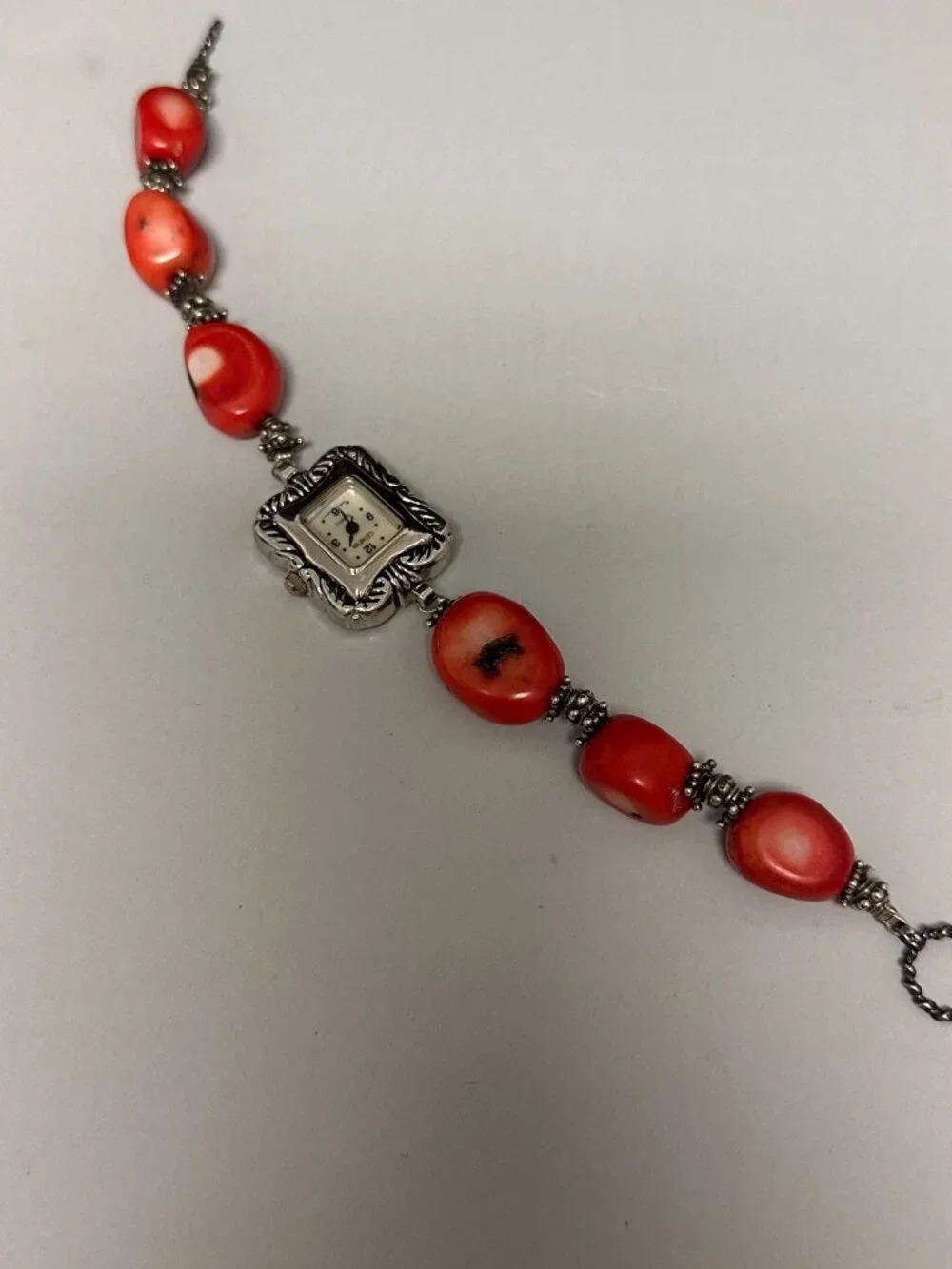 Geneva Watch Women Silver Tone Red Chunky Coral Beads Sterling Clasp Works